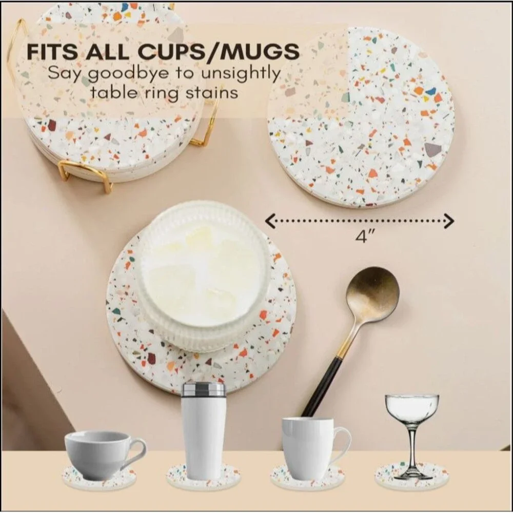 NIB Terrazzo Drink Absorbent Coasters with Holder Set of 6, Ceramic Coasters
